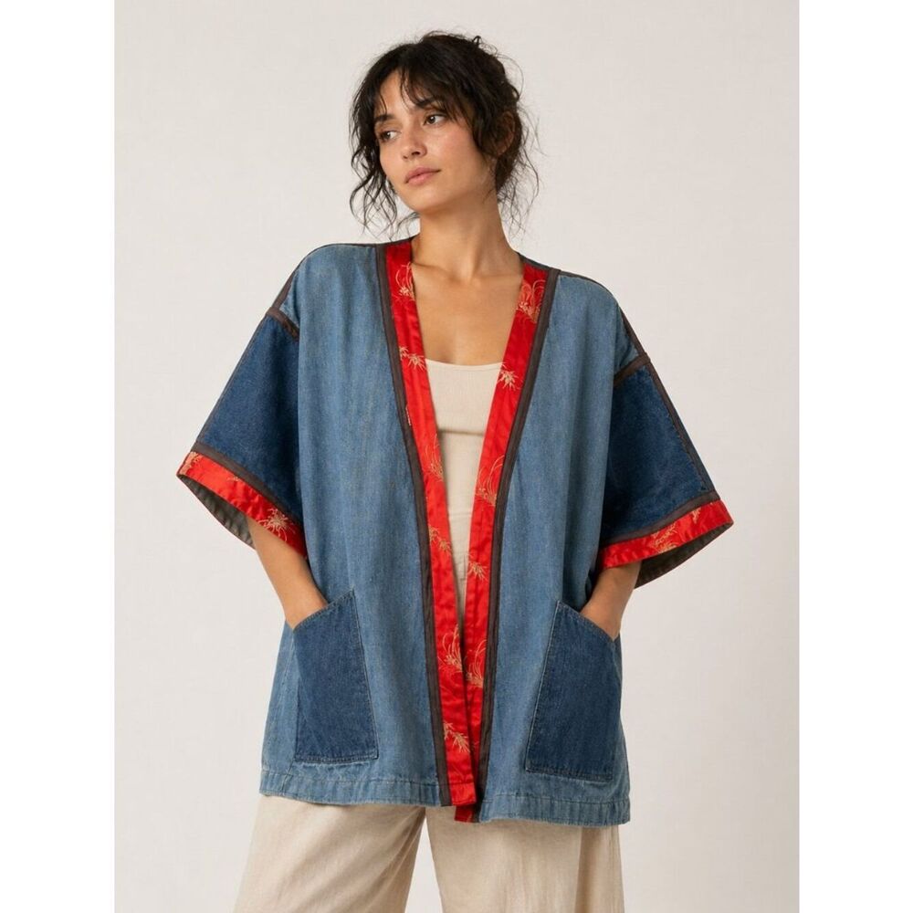 French Dressing Co Denim Kimono Jacket Patchwork Red Brocade Boho OS